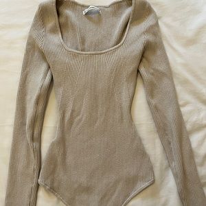 Abercrombie & Fitch Beige XS Long-Sleeve Cream Squareneck Sweater Bodysuit